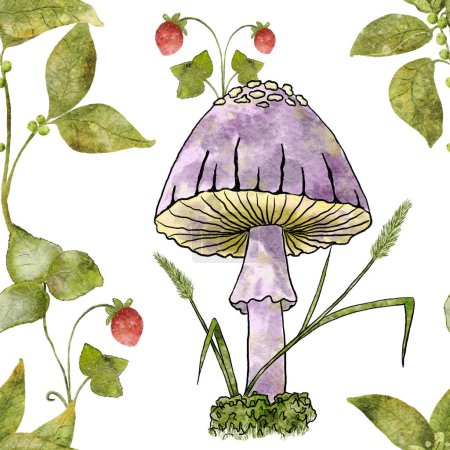 Photo for Watercolor Mushroom Strawberry Seamless Pattern. Purple Mushroom With Wild Strawberries and Plant Branches. Forest Nature illustration hand drawn - Royalty Free Image