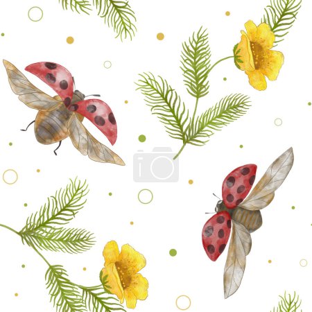 Ladybug and yellow flowers. Watercolor seamless pattern with ladybug and yellow flowers. Design for textiles, stationery, print, childrens clothing. Flying insects