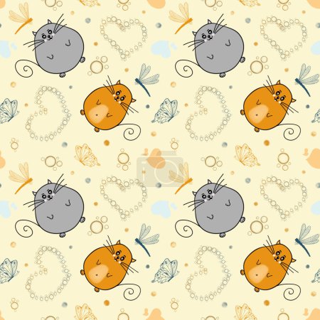 Fat cat. Cat seamless pattern. Red and gray fat cat, dragonfly and butterfly. Childrens pattern for clothes, textiles, paper, stationery and scrapbooking
