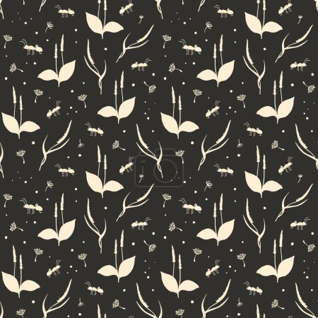 The ant and the plantain. Seamless pattern with silhouettes of insects, dandelion and plantain. For packaging, textiles, stationery and scrapbooking