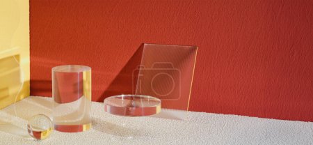 Téléchargez les photos : Transparence verre piédestal produit affichage moderne fond lumière et ombre réflexion toile de fond - en image libre de droit