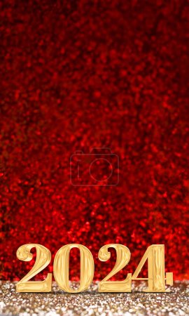 Téléchargez les photos : Heureux nouvel an 2024 3d rendu couleur or sur fond rouge paillettes - en image libre de droit