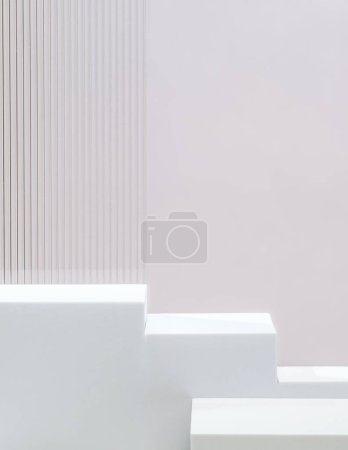 Téléchargez les photos : Présentoir de produits pour piédestal blanc fond gris avec verre de bande de transparence moderne avec lumière du soleil - en image libre de droit