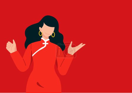 Illustration for Flat vector, character design, cartoon style illustration, woman in red Chinese traditional dress standing with her hands out in the air and space for subject, Chinese New Year concept - Royalty Free Image