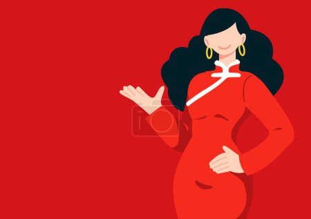 Illustration for Flat vector, character design, cartoon style illustration, woman in red Chinese traditional dress standing with her hands out and space for subject, Chinese New Year concept - Royalty Free Image