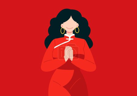Illustration for Flat vector, character design, cartoon style illustration, woman in red Chinese traditional dress standing and  hands folding in prayer position, Chinese New Year concept - Royalty Free Image