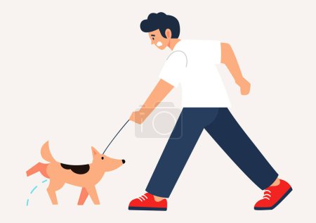 Flat Character, minimalist vector illustration, cartoon-style illustration, Man surprised as dog stops walking and pees on the ground