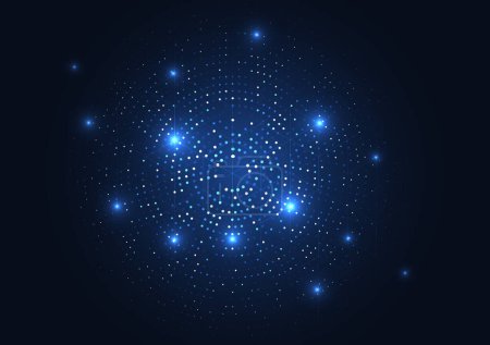 The gradient dots from light to dark blue enhances the depth and dimensionality, interconnected web of glowing nodes against a dark blue background