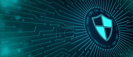 Téléchargez les photos : Data protection Cyber Security Privacy Business Internet Technology Concept. Shield symbol in a circle on the computer circuit board - en image libre de droit