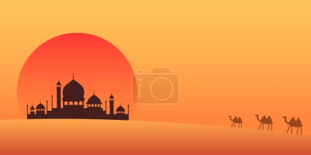 Téléchargez les illustrations : Arabian desert view buildings and camels, wide landscape painting - en licence libre de droit
