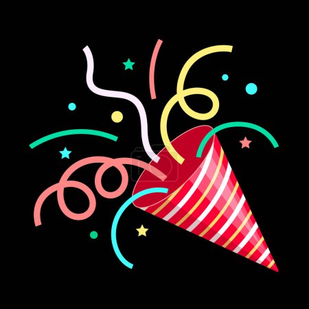 Illustration for Party Popper. Exploding festive Popper with confetti. The element of celebrating a new year, birthday and any holiday. Flapper for celebration decoration design emoji. Flat icon. Party confetti - Royalty Free Image