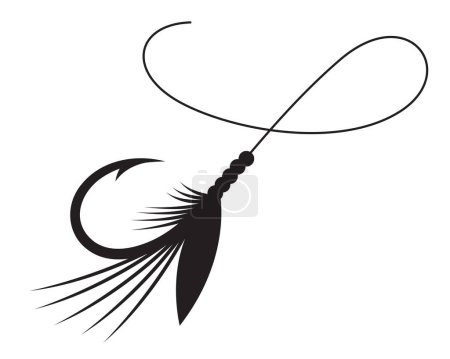 Téléchargez les illustrations : Dessinez leurre de pêche à la mouche et une ligne courbe. Outil de pêche symbole. - en licence libre de droit
