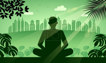 Téléchargez les illustrations : Homme méditant dans un parc près de la ville, illustrations de tons verts, concept de trouver la paix. - en licence libre de droit
