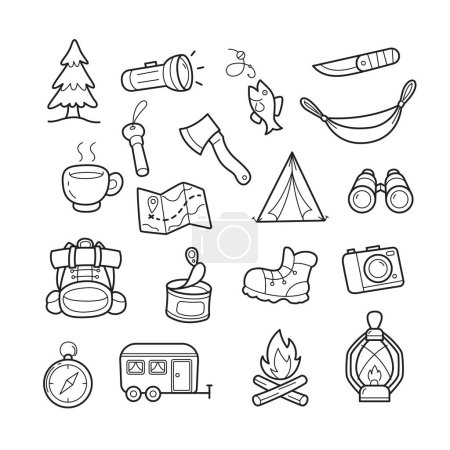 Illustration for Hand drawn camping and hiking elements, isolated on white background. Cute background full of icons perfect for summer camp flyers and posters. Outlined vector illustration. - Royalty Free Image