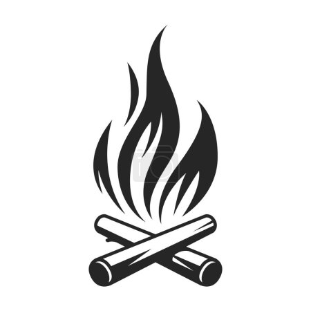Vector black and white cartoon illustration of burning fire with wood. Fire wood and bonfire icon isolated on white background for web, print, decoration, burning flame.