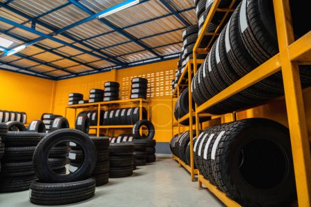 Photo for New tire is placed on the tire storage rack on large warehouse. Automobile industry, Car tires. - Royalty Free Image