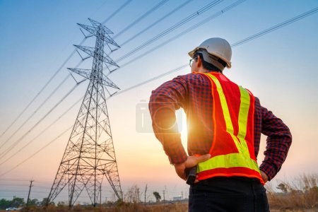 Un ingénieur électricien se tient dans une centrale électrique pour voir comment planifier la production et l'exportation d'électricité à de grands pylônes haute tension.