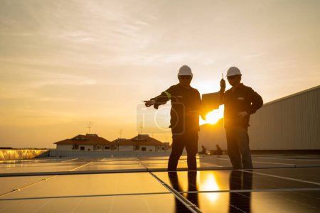 Asiatische Ingenieure und Techniker auf dem Dach überprüfen Solarzellen verwenden Laptop und Funkkommunikation, Solarenergie, Saubere Energie, Ökologie Energie Sonnenlicht alternatives Kraftwerkskonzept.