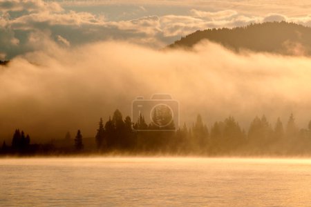 Téléchargez les photos : Brouillard atmosphérique matinal au-dessus du lac Yazevoe dans l'est du Kazakhstan. Lac Yazevoe est situé à une altitude de 1685 mètres au-dessus du niveau de la mer. Il fait partie du Parc Naturel National de l'État "Katon-Karagay". Aube au-dessus du lac brumeux. Effet flou. - en image libre de droit