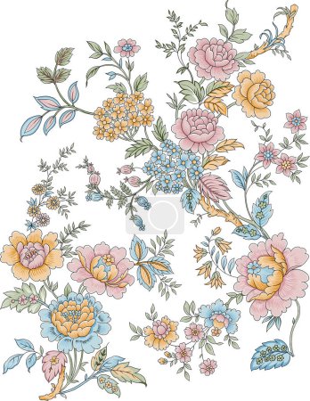 A beautiful abstract floral design with colourful trendy flowers and leaves. Fantasy flowers, natural wallpaper, floral decoration curl illustration. Paisley print hand drawn elements, 