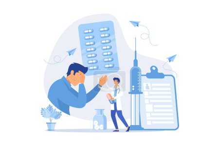 Doctors and male patient with rush on skin allergic to pills and a syringe. Drug allergy, triggers of drug allergies, allergy risk factors concept. flat vector modern illustration