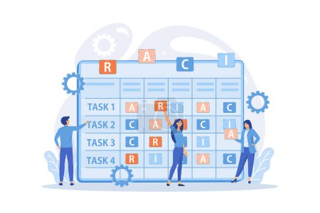 Illustration for Tiny business people at responsibility chart with tasks. RACI matrix, responsibility assignment matrix, linear responsibility chart concept. flat vector modern illustration - Royalty Free Image