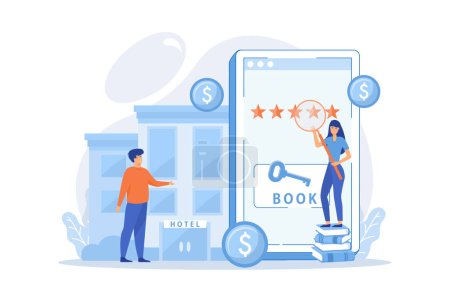 Illustration for Booking accommodation mobile application. Website for ordering guestrooms, finding hostels location. Hotel room reservation concept. flat vector modern illustration - Royalty Free Image