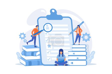 HR managers looking at curriculum vitae of job seeker as a concept of job interview, working experience, recruitment, job application. flat vector modern illustration