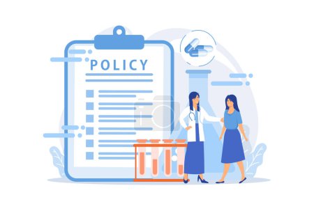 Illustration for Pharmaceutical policy on clipboard and researchers, tiny people. Pharmaceutical policy, pharmaceutical lobby, drugs production control concept. flat vector modern illustration - Royalty Free Image