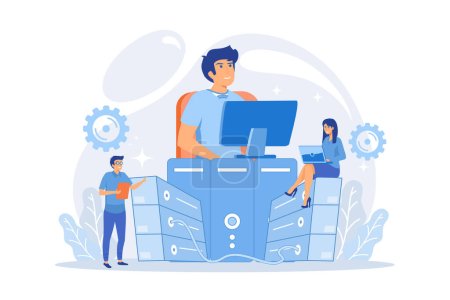 Illustration for System administrators or sysadmins are servicing server racks. System administration, upkeeping, configuration of computer systems and networks concept. Pinkish coral blue palette. flat vector modern illustration - Royalty Free Image