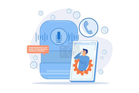 Illustration for User making hands-free phone calls with smart speaker. Smart home assistant, IoT technology and voice controlled digital devices concept. flat vector modern illustration - Royalty Free Image