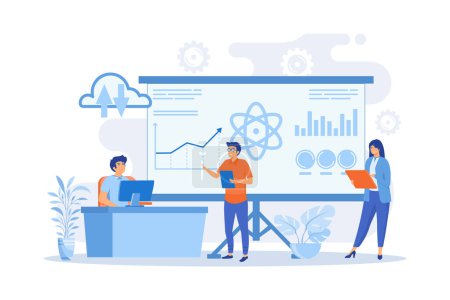 Software Engineer, Statistician, Visualizer and Analyst working on a project. Big data conference, big data presentation, data science concept. flat vector modern illustration