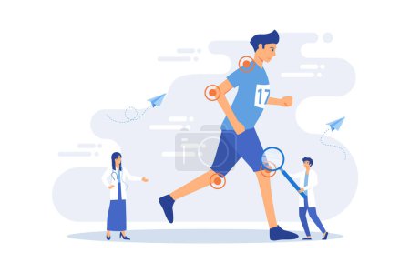 Illustration for Athlete running and tiny people physicians treating injuries. Sports medicine, sports medical services, sports physician specialist concept. flat vector modern illustration - Royalty Free Image