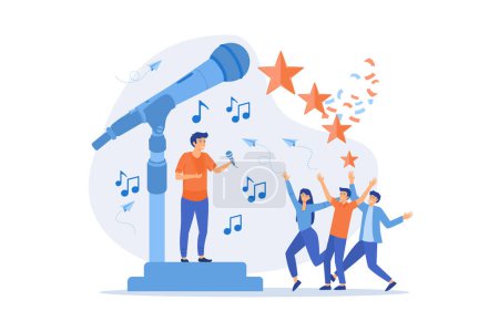Illustration for Corporate karaoke party flat vector illustration. Musical entertainment, active recreation, coworkers singing and dancing. flat vector modern illustration - Royalty Free Image