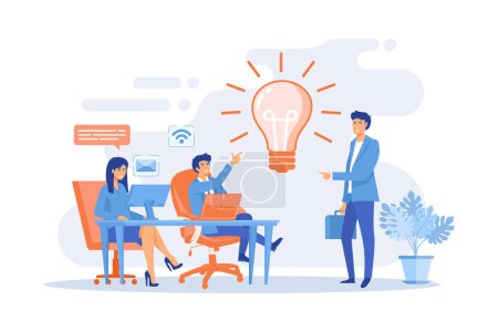 Illustration for Office meeting, brainstorm vector illustration. Creative idea generation, company workers cooperation, innovation discussion concept. flat vector modern illustration - Royalty Free Image