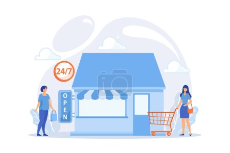 Illustration for 24 hours open shop flat vector illustration. Local store, 24 7 service, around clock marketing concept. Buyers with purchases characters. flat vector modern illustration - Royalty Free Image