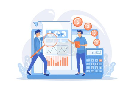 Illustration for Business analytics flat vector illustration. Marketing metrics, data analysis, financial audit concept. Pie charts and diagrams analyzing. flat vector modern illustration - Royalty Free Image