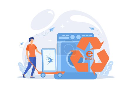 Illustration for Businessman taking old smartphone in cart to electronic waste recycling. E-waste reduction, electronics trade-in programs, gadgets recycling concept. flat vector modern illustration - Royalty Free Image