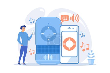 Illustration for User playing music on smart speaker and mobile phone. Music playback and streaming, voice activated digital assistants for mobile applications concept. flat vector modern illustration - Royalty Free Image
