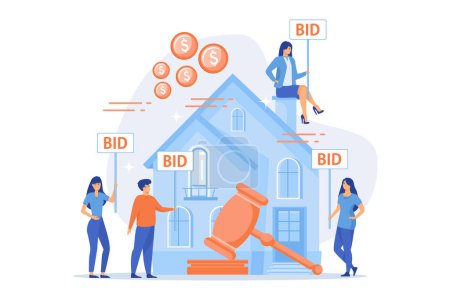 Illustration for Property buying and selling. Auction house, exclusive bids here, consecutive biddings processing, business that runs auctions concept. flat vector modern illustration - Royalty Free Image