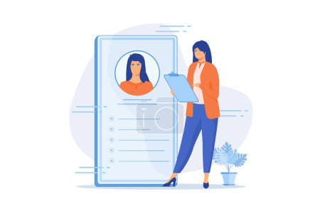 Illustration for Human resource management. Job analysis, sourcing, screening and selection. Female cartoon character reading job applications and CV of candidatees. flat vector illustration - Royalty Free Image