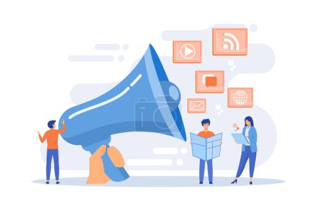 Illustration for Tiny peple, marketing manager with megaphone and push advertising. Push advertising, traditional marketing strategy, interruption marketing concept. flat vector modern illustration - Royalty Free Image