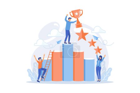 Illustration for Businessman holds a cup on top of column graph. Key to success and success story, business chance, on the way to success concept on white background. flat vector modern illustration - Royalty Free Image