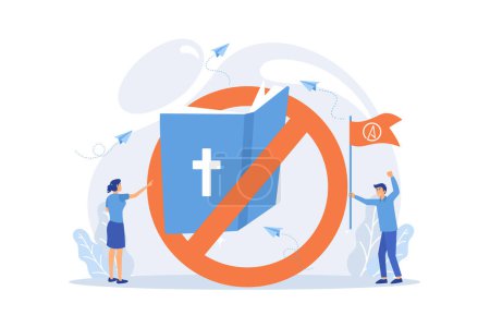 Illustration for Tiny people atheists against religion and Bible prohibited sign. Atheistic worldview, absence of belief in deities, religious skepticism concept. flat vector modern illustration - Royalty Free Image