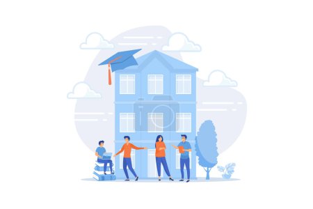 Students interacting with each other, making friends at university. College campus tours, university campus events, on-campus learning concept. flat vector modern illustration