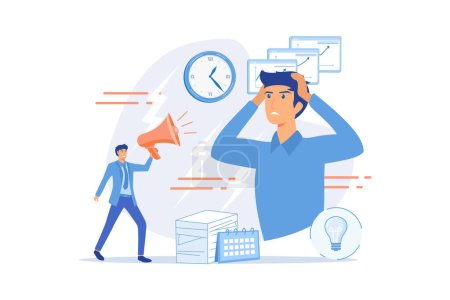 Illustration for Exhausted, frustrated worker, burnout. Boss shout at employee, deadline. How to relieve stress, acute stress disorder, work related stress concept. flat vector modern illustration - Royalty Free Image