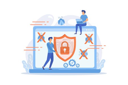 A man before laptop with shield and lock on the screen. Anti virus software, anti-malware, spyware, trojan, adware as internet security concept. flat vector modern illustration