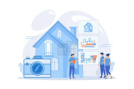 Illustration for Couple choosing apartment. Real estate photography, property photography services, photography for realtors and advertisement concept. flat vector modern illustration - Royalty Free Image