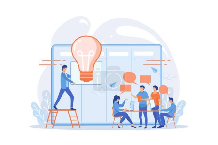 Illustration for Managers at workshop training manager skills and brainstorming at board. Managers workshop, supervisors course, management skills training concept. flat vector modern illustration - Royalty Free Image