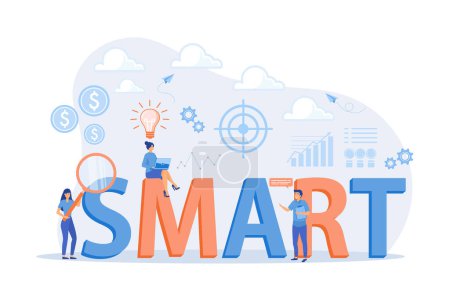 Tiny business people working on goals and sitting on smart word. SMART Objectives, objective establishment, measurable goals development concept. flat vector modern illustration